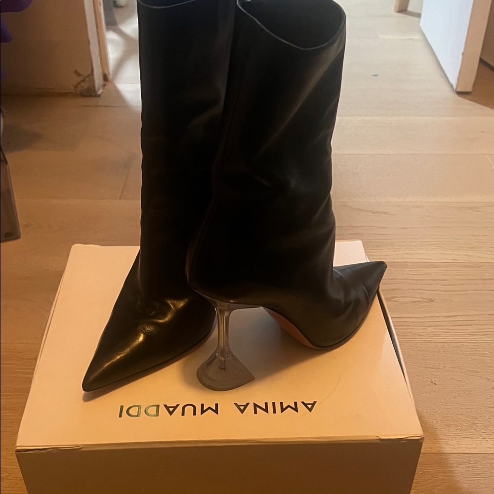 Amina Muaddi Sleek Black Boots with Metallic Heels